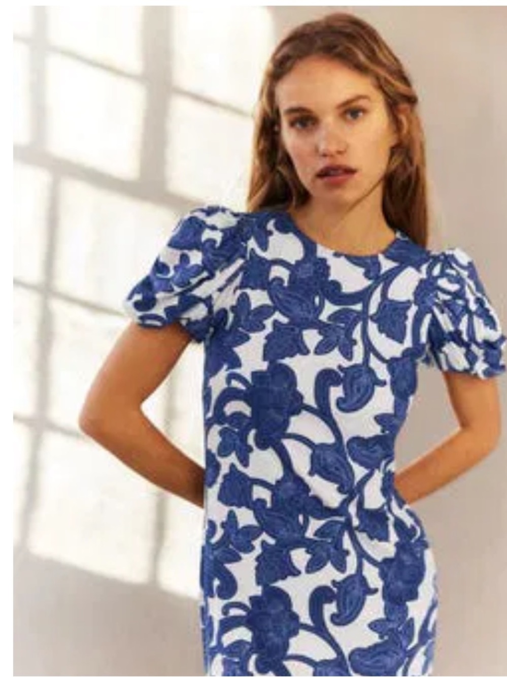 Boden Blue and White Floral Puff-Sleeve Midi Dress